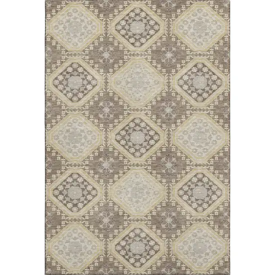 8' Taupe Beige And Gray Floral Washable Area Rug With UV Protection Photo 1