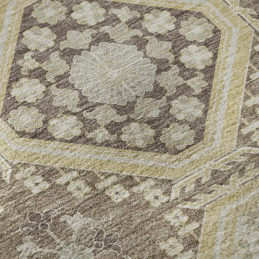 8' Taupe Beige And Gray Floral Washable Area Rug With UV Protection Photo 9