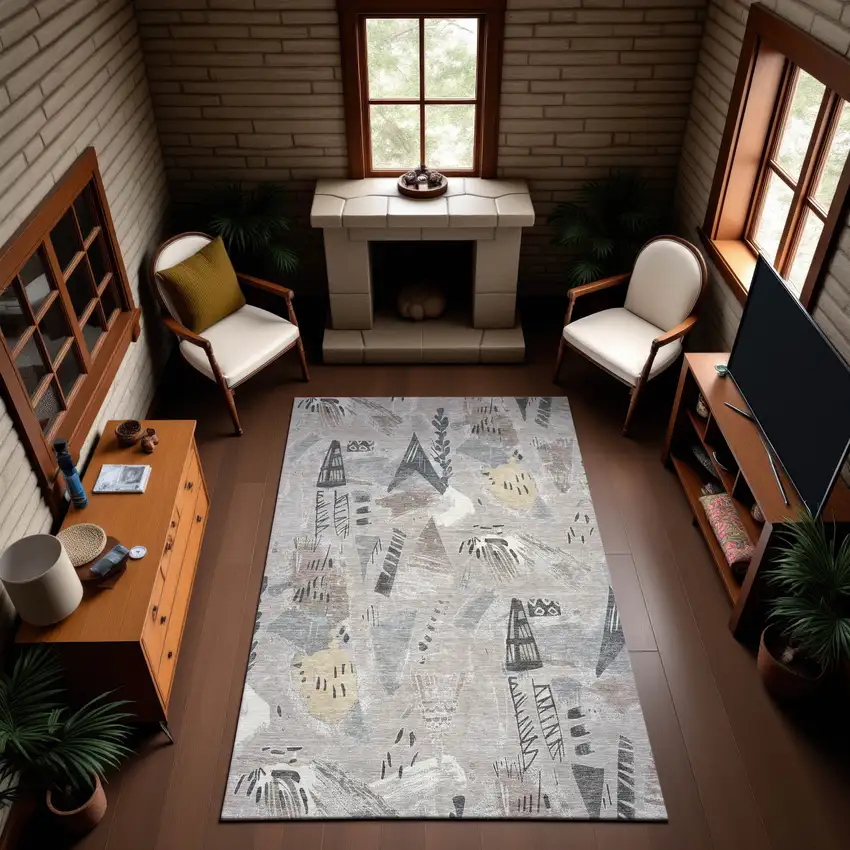 8' Taupe Beige And Gray Geometric Washable Area Rug With UV Protection Photo 4