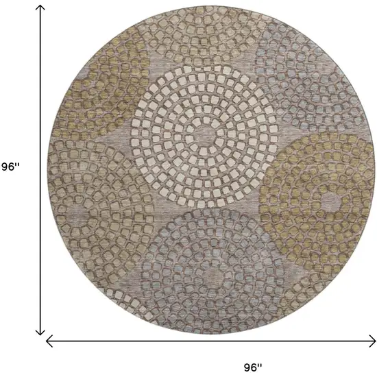 8' Taupe Beige And Gray Geometric Washable Round Rug With UV Protection Photo 8
