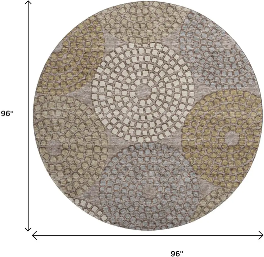 8' Taupe Beige And Gray Geometric Washable Round Rug With UV Protection Photo 8