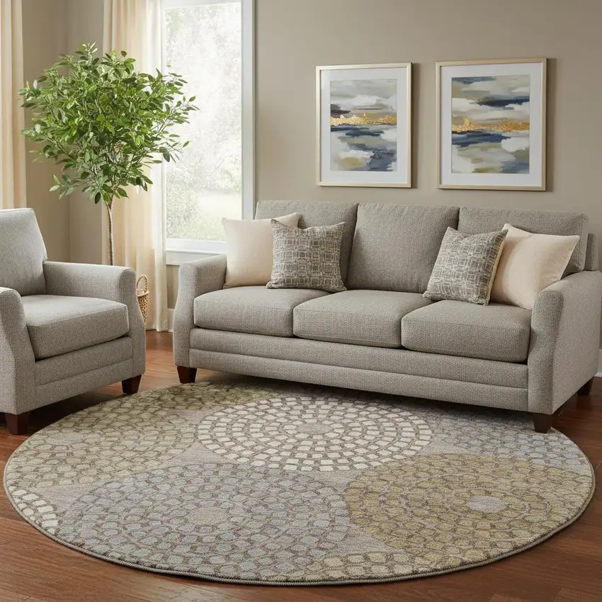 8' Taupe Beige And Gray Geometric Washable Round Rug With UV Protection Photo 1