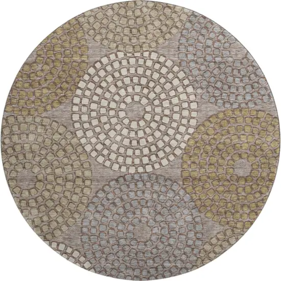 8' Taupe Beige And Gray Geometric Washable Round Rug With UV Protection Photo 1