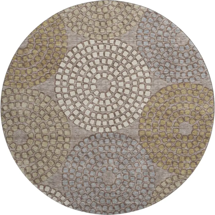 8' Taupe Beige And Gray Geometric Washable Round Rug With UV Protection Photo 1
