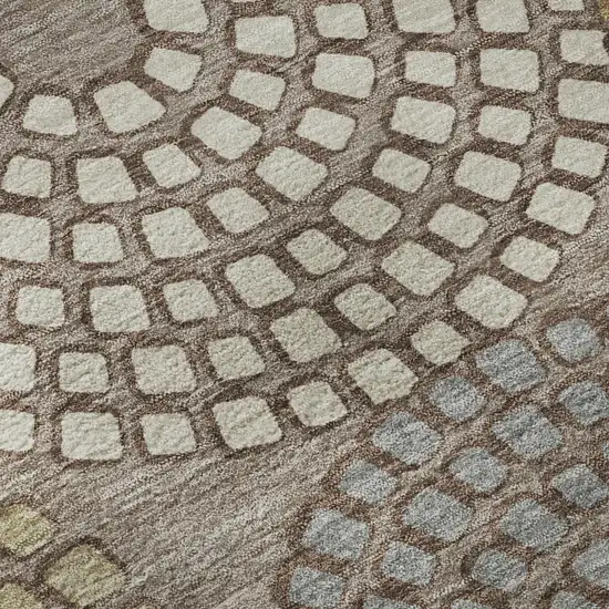 8' Taupe Beige And Gray Geometric Washable Round Rug With UV Protection Photo 9