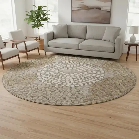 8' Taupe Beige And Gray Geometric Washable Round Rug With UV Protection Photo 2