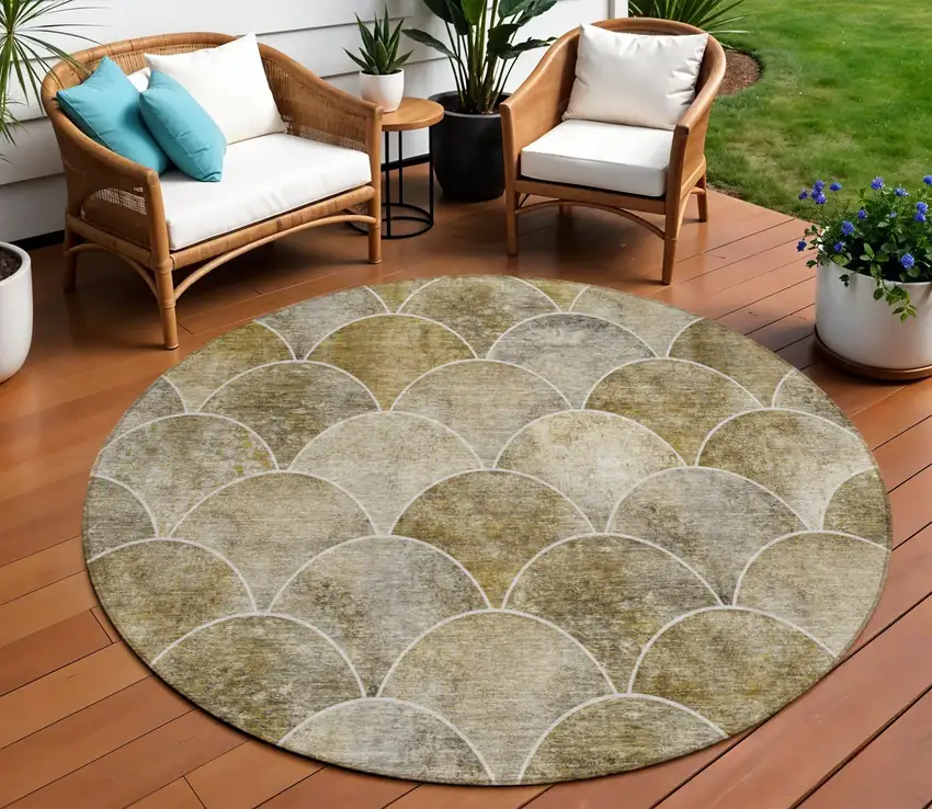 8' Taupe Beige And Gray Round Abstract Washable Indoor Outdoor Area Rug Photo 1
