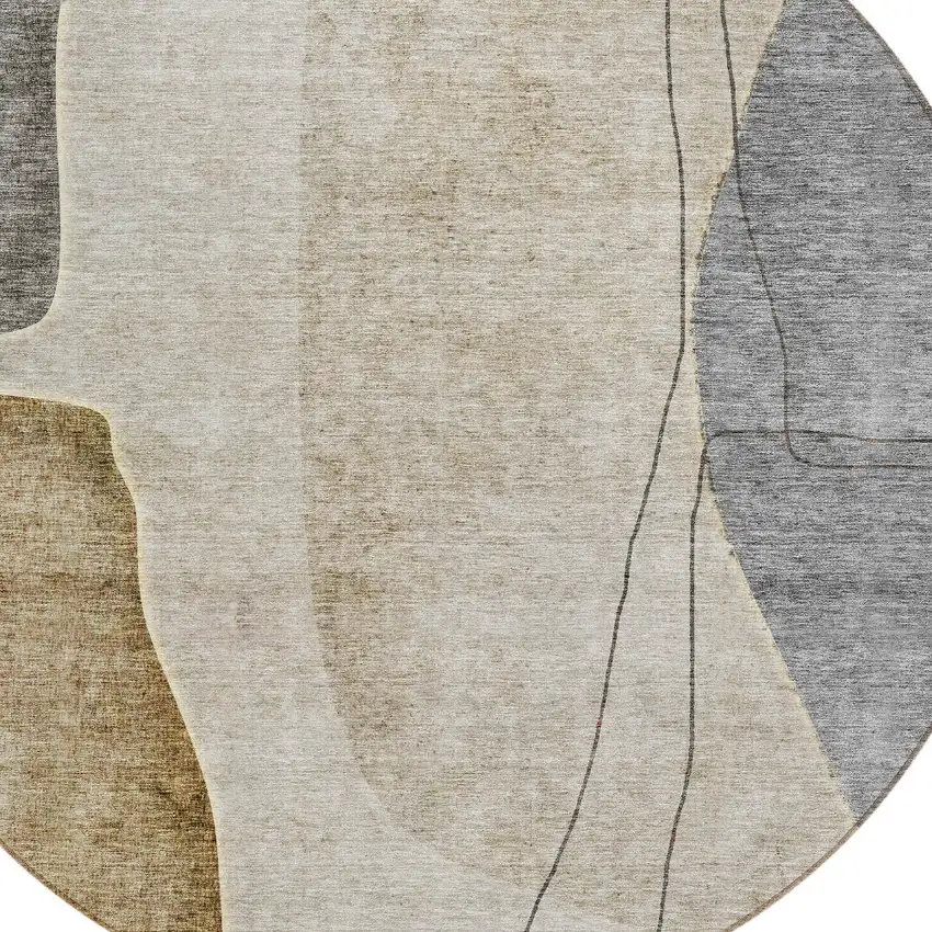 8' Taupe Beige And Gray Round Abstract Washable Indoor Outdoor Area Rug Photo 4