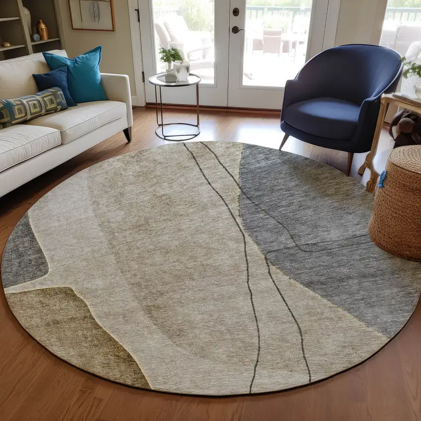 8' Taupe Beige And Gray Round Abstract Washable Indoor Outdoor Area Rug Photo 7