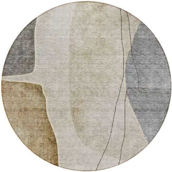 8' Taupe Beige And Gray Round Abstract Washable Indoor Outdoor Area Rug Photo 1