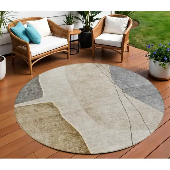 8' Taupe Beige And Gray Round Abstract Washable Indoor Outdoor Area Rug Photo 1