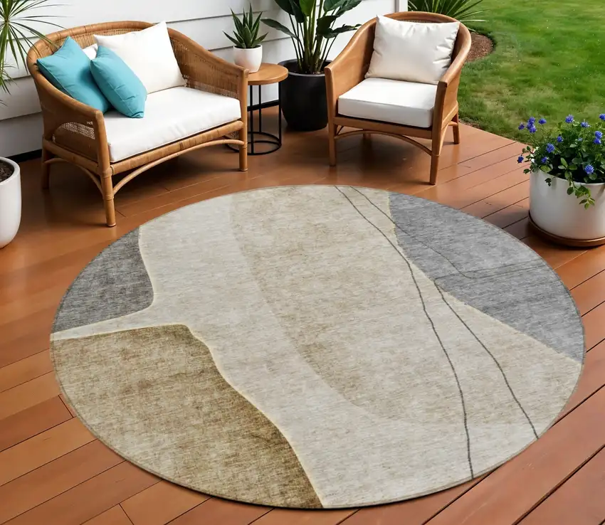 8' Taupe Beige And Gray Round Abstract Washable Indoor Outdoor Area Rug Photo 1