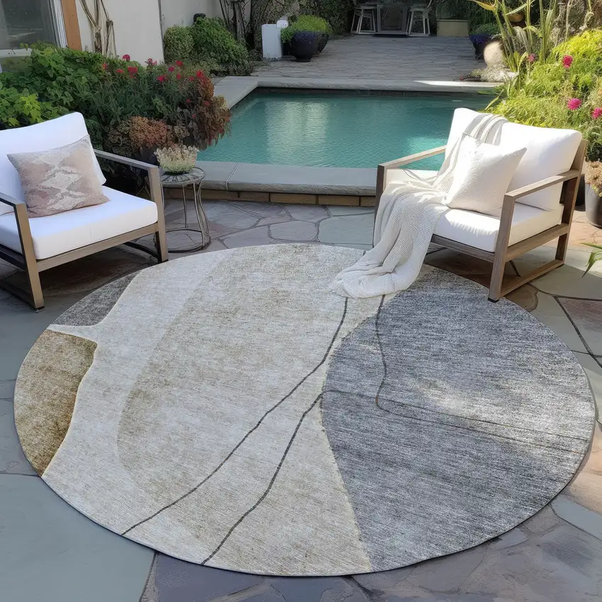 8' Taupe Beige And Gray Round Abstract Washable Indoor Outdoor Area Rug Photo 6