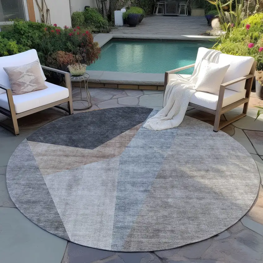 8' Taupe Beige And Gray Round Abstract Washable Indoor Outdoor Area Rug Photo 6