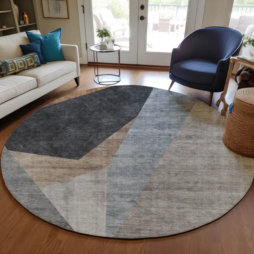 8' Taupe Beige And Gray Round Abstract Washable Indoor Outdoor Area Rug Photo 7