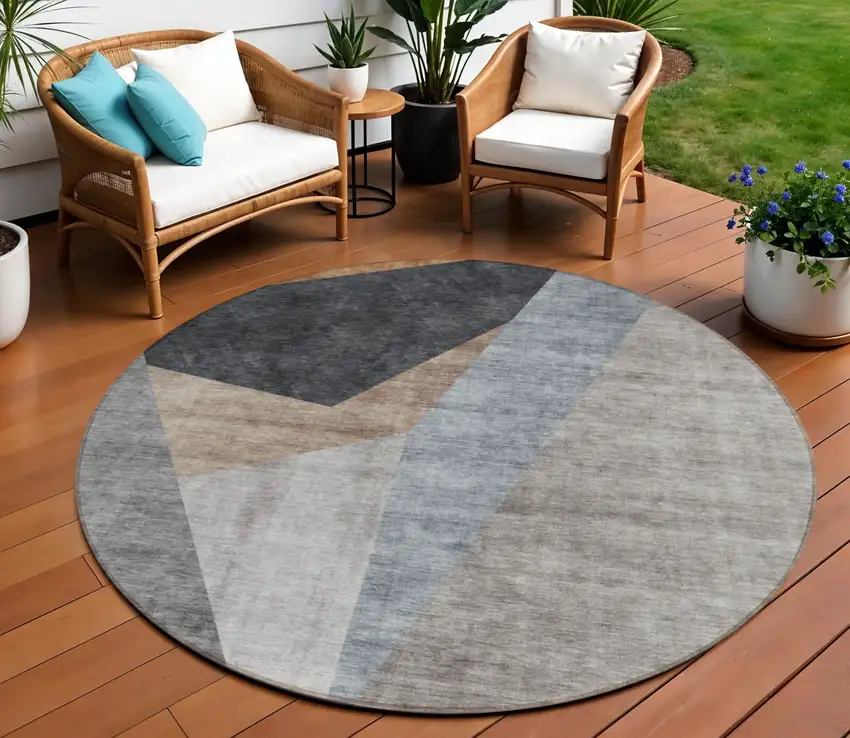 8' Taupe Beige And Gray Round Abstract Washable Indoor Outdoor Area Rug Photo 1