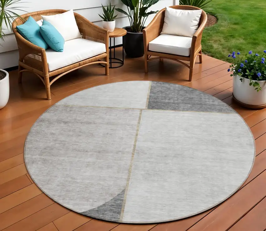 8' Taupe Beige And Gray Round Abstract Washable Indoor Outdoor Area Rug Photo 1
