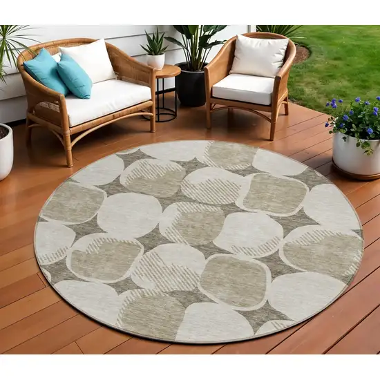 8' Taupe Beige And Gray Round Abstract Washable Indoor Outdoor Area Rug Photo 1