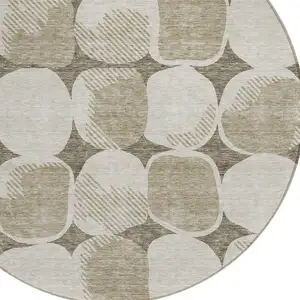 Photo of 8' Taupe Beige And Gray Round Abstract Washable Indoor Outdoor Area Rug