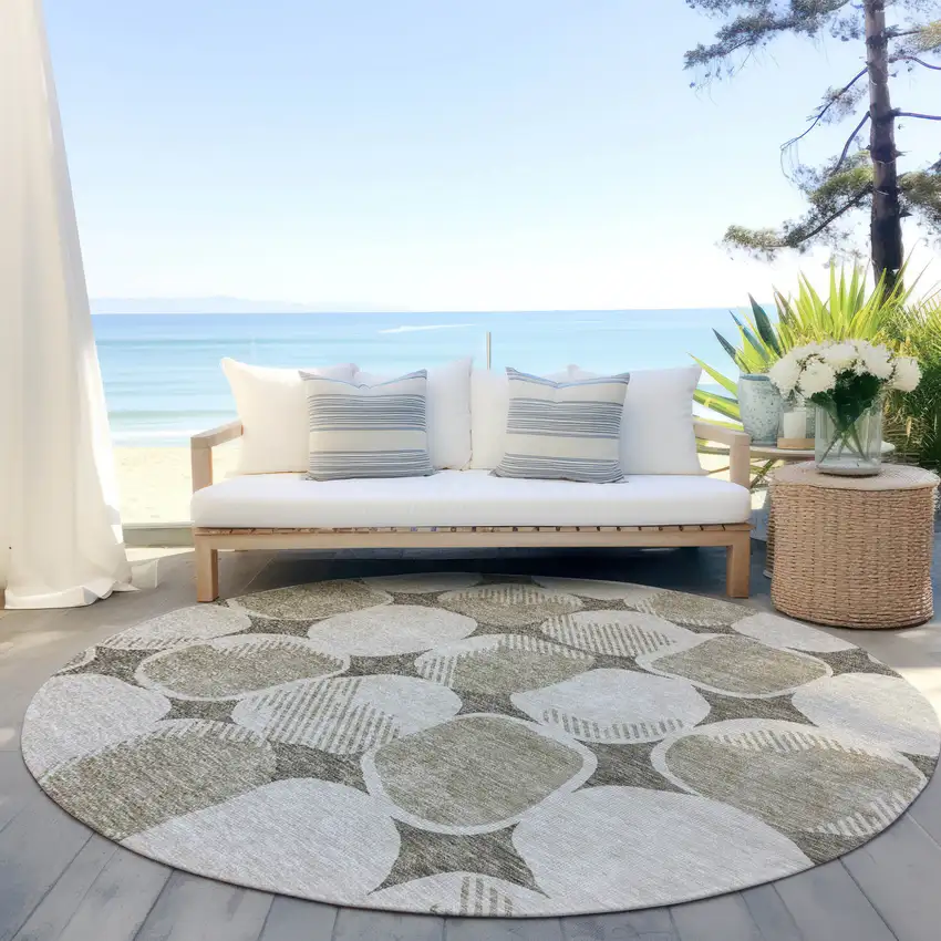 8' Taupe Beige And Gray Round Abstract Washable Indoor Outdoor Area Rug Photo 7
