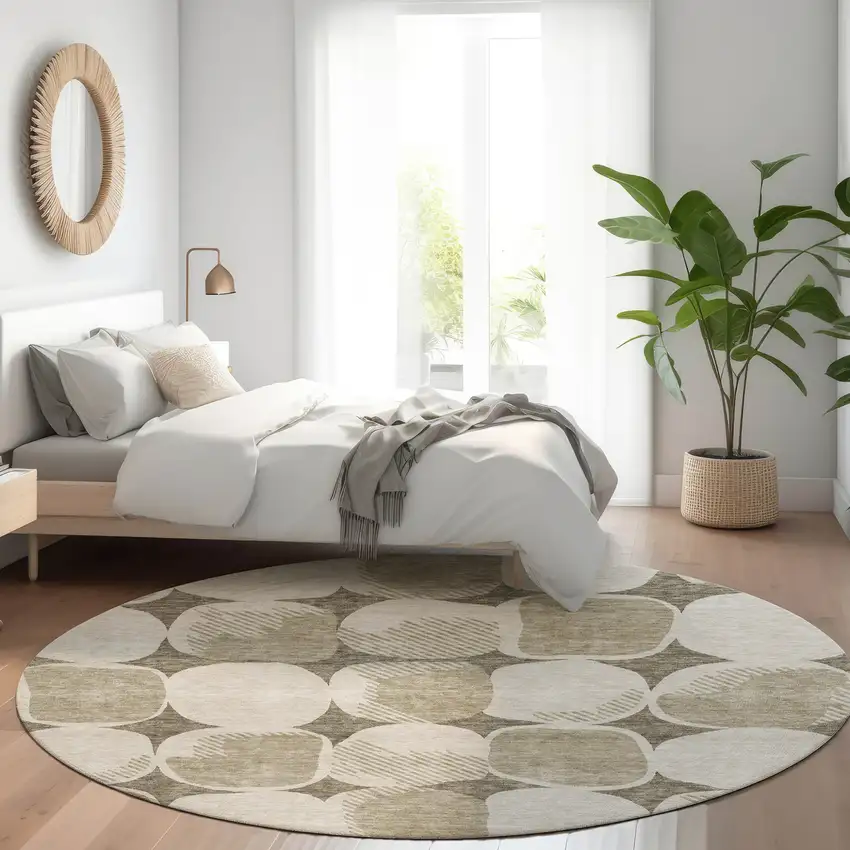 8' Taupe Beige And Gray Round Abstract Washable Indoor Outdoor Area Rug Photo 8