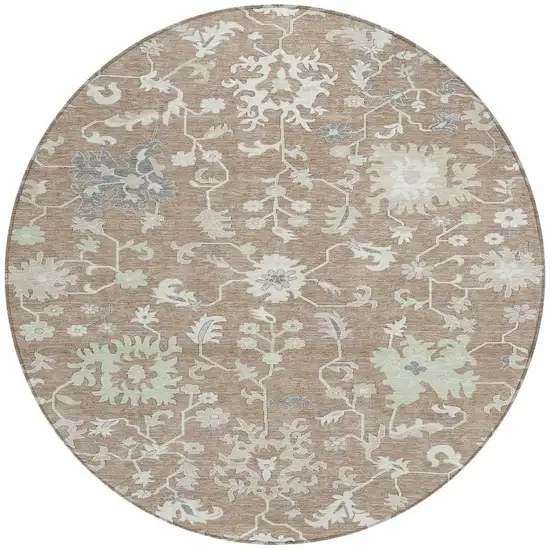 8' Taupe Beige And Gray Round Floral Washable Indoor Outdoor Area Rug Photo 4