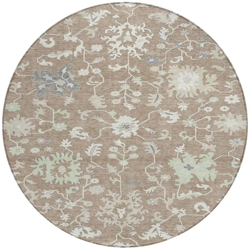 8' Taupe Beige And Gray Round Floral Washable Indoor Outdoor Area Rug Photo 4