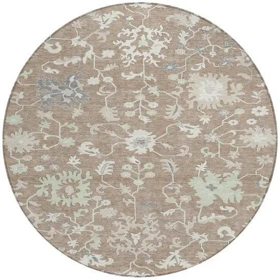 8' Taupe Beige And Gray Round Floral Washable Indoor Outdoor Area Rug Photo 3