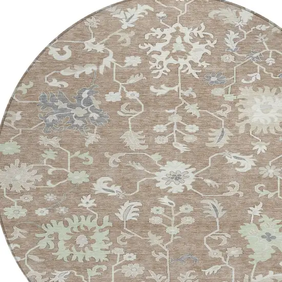 8' Taupe Beige And Gray Round Floral Washable Indoor Outdoor Area Rug Photo 8