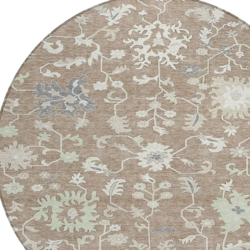 8' Taupe Beige And Gray Round Floral Washable Indoor Outdoor Area Rug Photo 8
