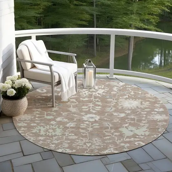 8' Taupe Beige And Gray Round Floral Washable Indoor Outdoor Area Rug Photo 5