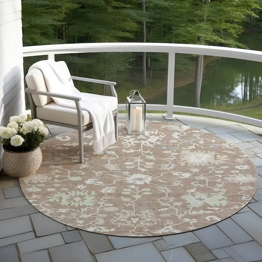 8' Taupe Beige And Gray Round Floral Washable Indoor Outdoor Area Rug Photo 5