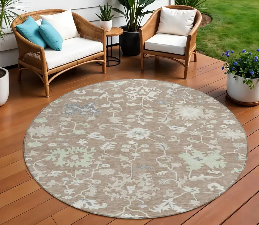 8' Taupe Beige And Gray Round Floral Washable Indoor Outdoor Area Rug Photo 2