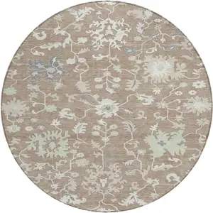Photo of 8' Taupe Beige And Gray Round Floral Washable Indoor Outdoor Area Rug