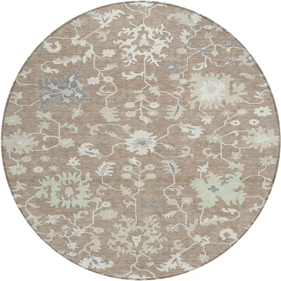 8' Taupe Beige And Gray Round Floral Washable Indoor Outdoor Area Rug Photo 1