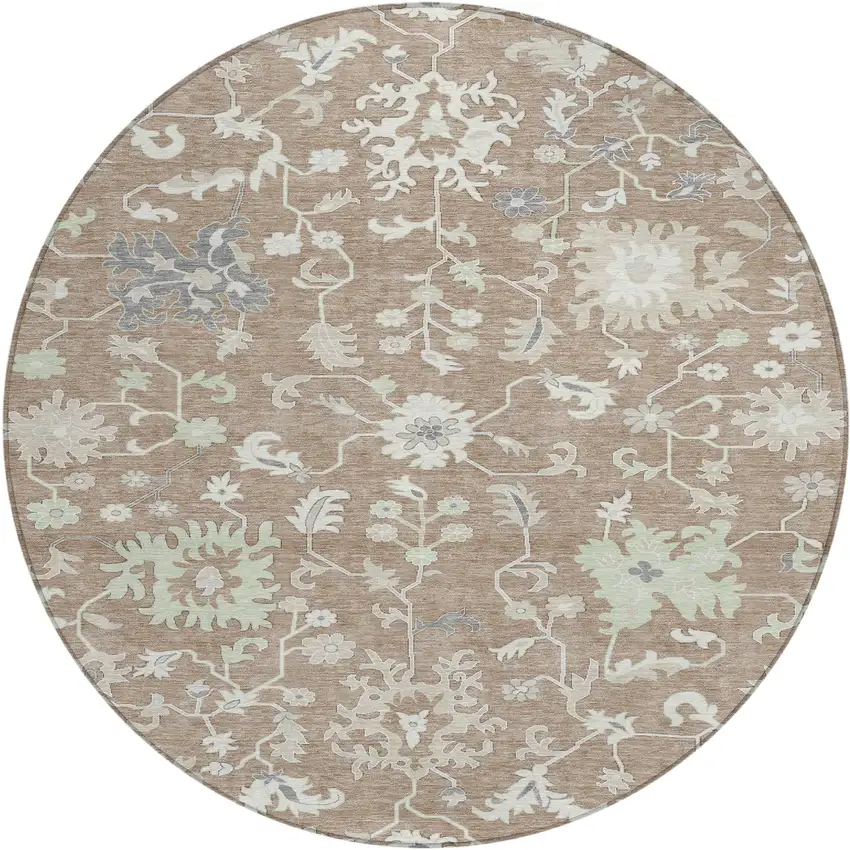 8' Taupe Beige And Gray Round Floral Washable Indoor Outdoor Area Rug Photo 1