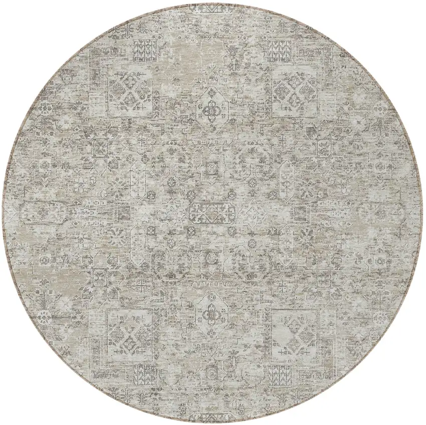 8' Taupe Beige And Gray Round Floral Washable Indoor Outdoor Area Rug Photo 5