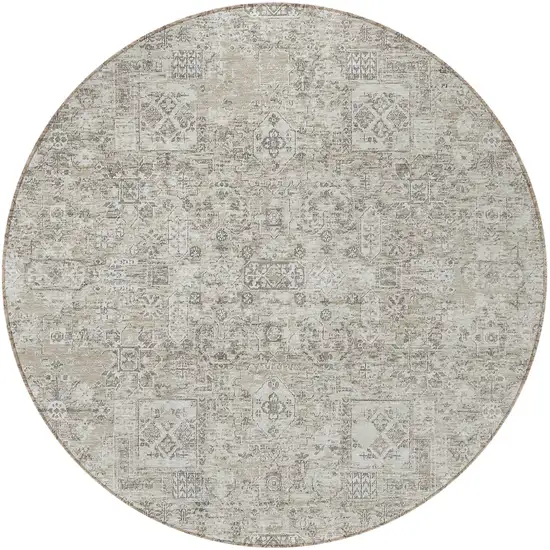 8' Taupe Beige And Gray Round Floral Washable Indoor Outdoor Area Rug Photo 5