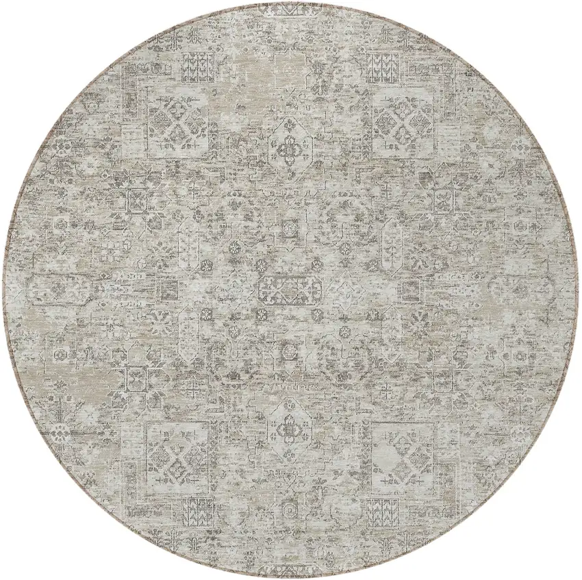 8' Taupe Beige And Gray Round Floral Washable Indoor Outdoor Area Rug Photo 5