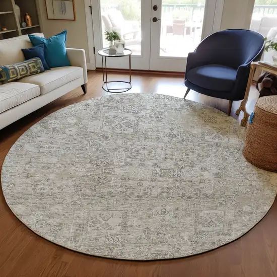 8' Taupe Beige And Gray Round Floral Washable Indoor Outdoor Area Rug Photo 7