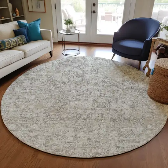 8' Taupe Beige And Gray Round Floral Washable Indoor Outdoor Area Rug Photo 7