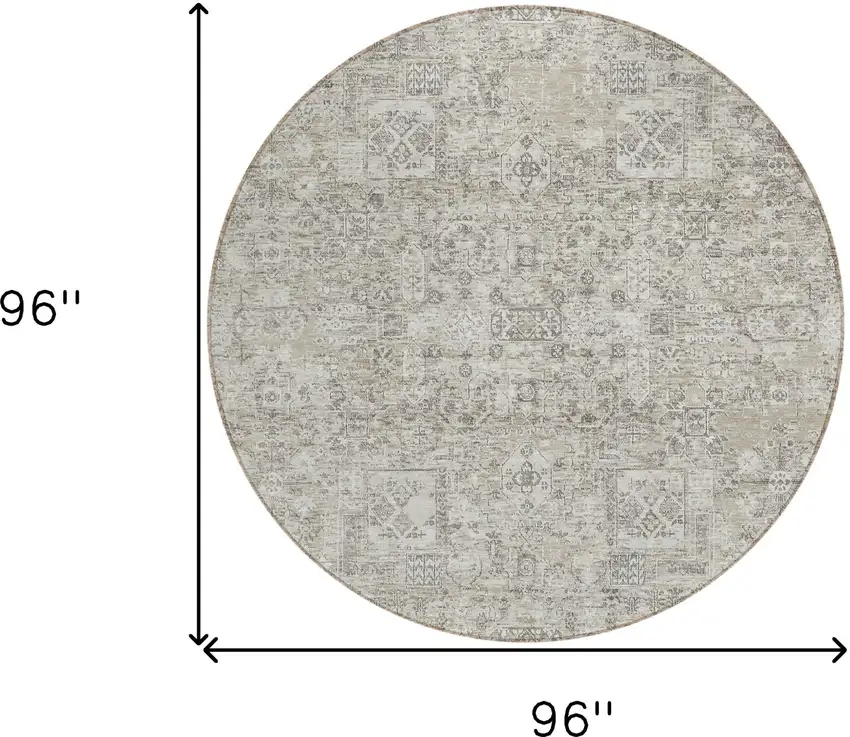 8' Taupe Beige And Gray Round Floral Washable Indoor Outdoor Area Rug Photo 3