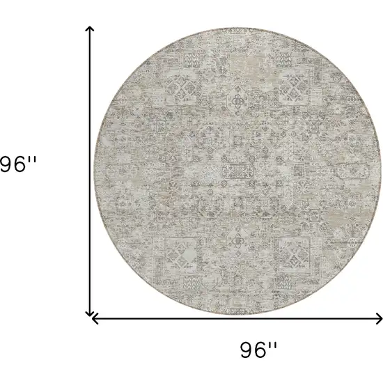 8' Taupe Beige And Gray Round Floral Washable Indoor Outdoor Area Rug Photo 3