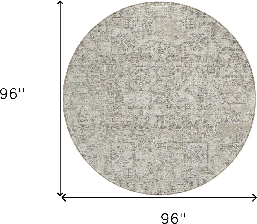 8' Taupe Beige And Gray Round Floral Washable Indoor Outdoor Area Rug Photo 3