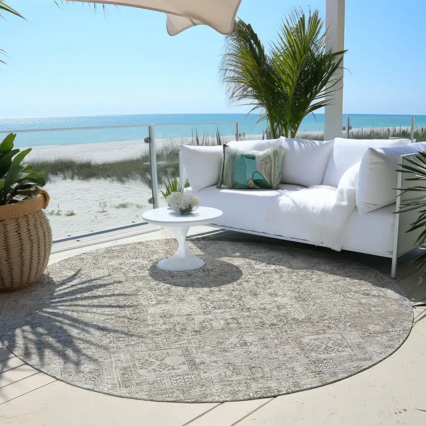 8' Taupe Beige And Gray Round Floral Washable Indoor Outdoor Area Rug Photo 6