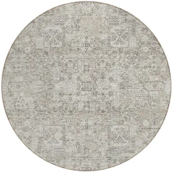 8' Taupe Beige And Gray Round Floral Washable Indoor Outdoor Area Rug Photo 2