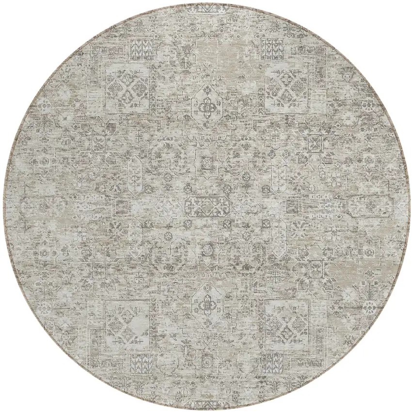 8' Taupe Beige And Gray Round Floral Washable Indoor Outdoor Area Rug Photo 2