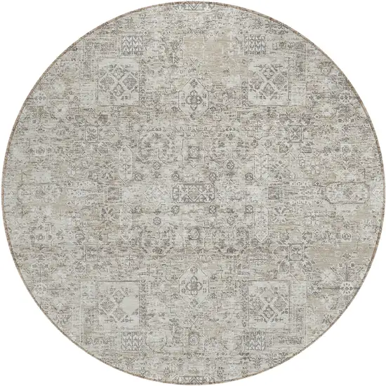 8' Taupe Beige And Gray Round Floral Washable Indoor Outdoor Area Rug Photo 2