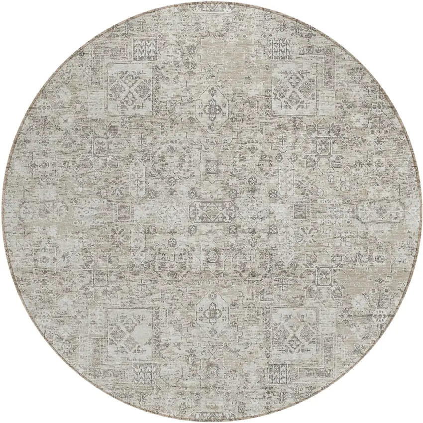 8' Taupe Beige And Gray Round Floral Washable Indoor Outdoor Area Rug Photo 2