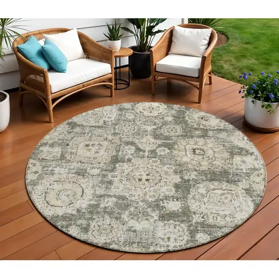 8' Taupe Beige And Gray Round Floral Washable Indoor Outdoor Area Rug Photo 1